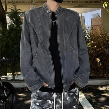 AIDASE  -  Fashion Men's Denim Jacket Personality Patchwork Design Stand Collar Long Sleeve Male Coats Zipper Tide Outerwear 21E7000 aidase-shop